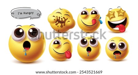Hungry face emoji vector character set. Emojis hungry, drooling, yummy, craving, lick and starving in happy, naughty, sad, smile and winking facial expression in yellow emoticon character. Vector 