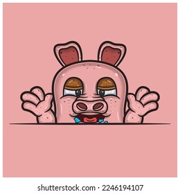 Hungry Face Expression With Pig Cartoon. Vector and Illustration