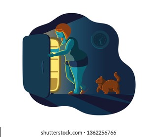 Hungry fat girl and fridge at night. A woman with a cat is eating at night. Vector illustration.