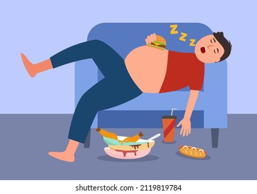 Hungry fat guy overeating and sleeping on sofa in flat design.