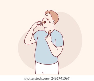  hungry fat man eating big delicious bread, potato chips, fast food,unhealthy. Hand drawn style vector design illustrations.