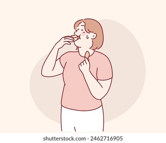  hungry fat woman eating big delicious bread, potato chips, fast food,unhealthy. Hand drawn style vector design illustrations.