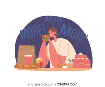 Hungry Female Character with Excessive Eating Disorder, Woman Consume Large Amounts Of Food In A Short Time