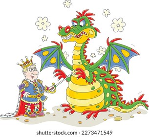 Hungry fire-breathing mythical dragon with clouds of smoke and an angry king of a fairytale kingdom met to sort things out, vector cartoon illustration isolated on a white background