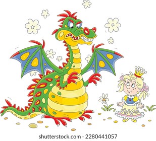 Hungry fire-breathing mythical dragon with clouds of smoke and a funny little princess of a fairytale kingdom, vector cartoon illustration isolated on a white background