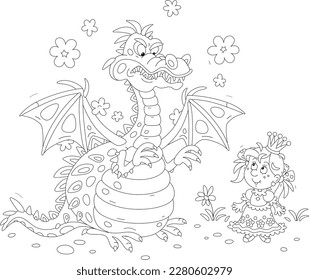 Hungry fire-breathing mythical dragon with clouds of smoke and a funny little princess of a fairytale kingdom, black and white outline vector cartoon illustration for a coloring book