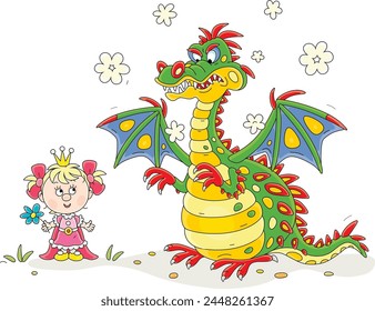 Hungry fire-breathing mythical dragon with clouds of smoke and a funny little princess of a fairytale kingdom, vector cartoon illustration isolated on a white background