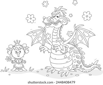 Dragón mítico que respira fuego hambriento con nubes de humo y una pequeña princesa divertida de un reino de cuento de hadas, ilustración de dibujos animados de Vector de contorno blanco y negro para un libro para colorear