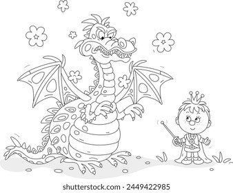 Hungry fire-breathing mythical dragon with clouds of smoke and a funny little prince with a sword on a battlefield in a fairytale kingdom, black and white vector cartoon illustration