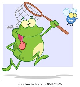 Hungry Frog Chasing Fly With A Net.Vector Illustration