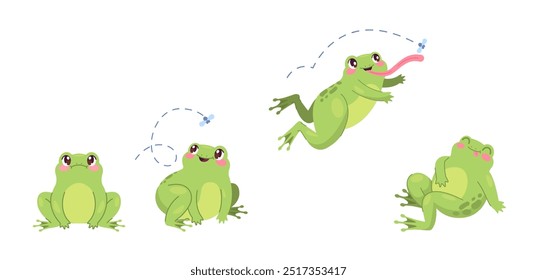 Rana hambrienta. Las ranas atrapan insectos, sapo voraz cazando insectos para comer, salto de caza mosca divertido anfibio animal rana sentimiento reptil fauna silvestre, dibujos animados Ilustración vectorial elegante obra de arte original