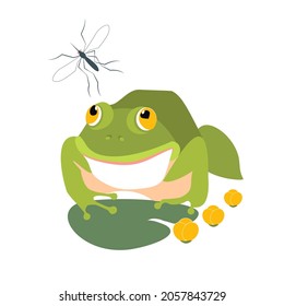 A hungry frog is going to eat the mosquito. Flat vector illustration