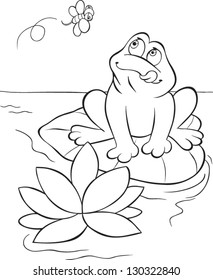 Hungry frog is sitting on the water Lilly leaf and looking forward to eat the bee. Han drawn Coloring book.