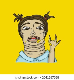 Hungry funny girl. Face dirty from food. Shows a gesture with his hands. Looking down