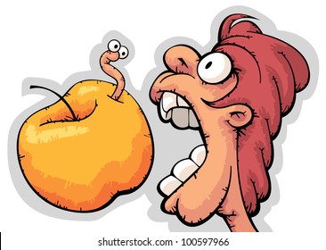 Hungry funny guy biting big apple with surprised worm sticking out of it