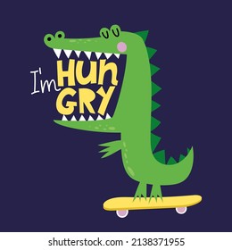 I'm hungry - funny hand drawn doodle, cartoon crocodile with open mouth on skateboard. Good for Poster or t-shirt textile graphic design. Vector hand drawn illustration. Crocodile dude. svg
