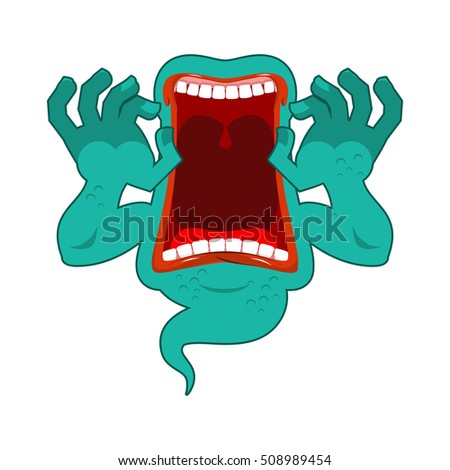 hungry ghost. Scary ghost spook. Horrible ghost frightening screams. Phasing white monster with an open mouth. Wild howl.