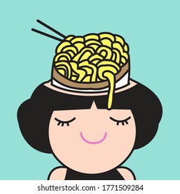 Hungry Girl With A Cup Of Noodle on Her Head Card. Character illustration Concept