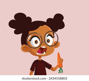 
Hungry Girl Eating a Carrot with Vitamin A Vector Character. Child snacking healthy foods to improve eyesight 
