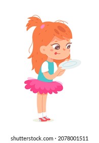 Hungry girl holding empty plate vector illustration. Cartoon cute child with funny face wearing pink skirt, waiting for delicious food for breakfast, lunch or dinner, standing alone isolated on white