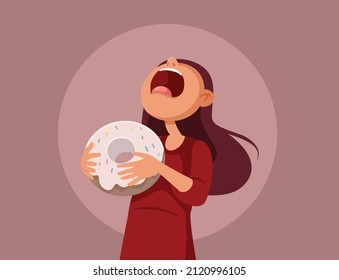 
Hungry Girl Holding a Giant Doughnut Vector Cartoon Illustration. Greedy gourmand woman with big appetite overindulging in sweets and dessert
