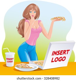 Hungry Girl lick his finger with an appetite, eating snack and drink soda. Holds a plate of pizza on the palm, stands near the table on which the box with a blank space to insert your logo. Vector 