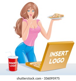 Hungry Girl lick his finger with an appetite, eating snack and drink soda. Holds a plate of pizza on the palm, stands near the table on which the box with a blank space to insert your logo. Vector 
