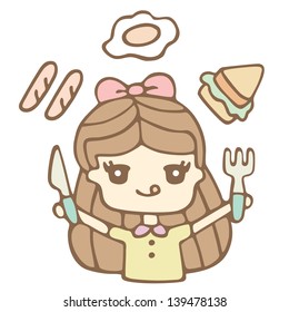 Hungry Girl Ready To Eat, Cartoon Illustration