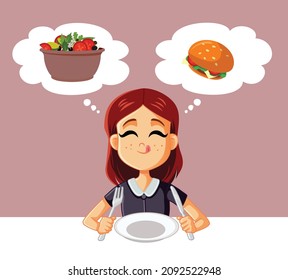 Hungry Girl Thinking What to Order in a Restaurant Vector Cartoon. Funny young woman deciding what to eat choosing between healthy and unhealthy option 
