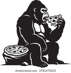 Hungry gorilla sitting and eating pizza vector illustration mascot design