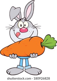 Hungry Gray Rabbit Cartoon Character Holding A Big Carrot. Vector Illustration Isolated on white