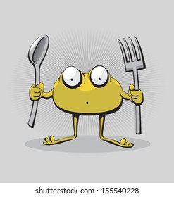 Hungry green monster creature with sad look and spoon and fork in his hands