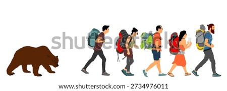Hungry grizzly bear chasing tracking mountaineer hikers backpack tourists walking outdoor vector illustration isolated. Active family people wildlife hiking activity in mountain. Danger in nature park