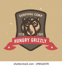 Hungry Grizzly Survival Camp Distressed T shirt Apparel print. Vintage Americana Style Tee Graphics. Vector Illustration. Travel Souvenir Idea. Retro Badge Emblem Logo Design