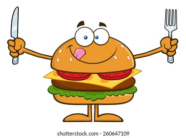 Hungry Hamburger Cartoon Character With Knife And Fork. Vector Illustration Isolated On White