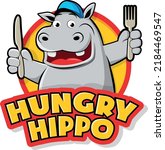 Hungry hippo holding fork and knife logo vector 