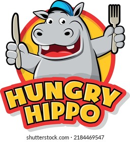Hungry hippo holding fork and knife logo vector 
