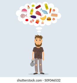 Hungry homeless man dreaming of food. Beggar in rags. EPS10 vector illustration in flat style.