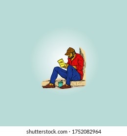 A hungry homeless man eating pre-packed meal while seating on a sidewalk for the concept of food charity. Vector illustration.
