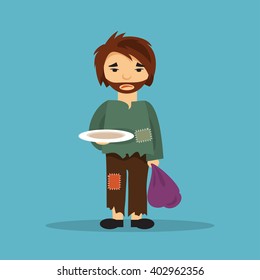 Hungry homeless man with an empty plate begging for food. The illustration on a social theme.