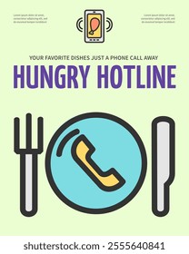 Hungry Hotline Fast Food Delivery Service Concept Vertical Placard Poster Banner Card Template with Telephone Sign. Vector illustration