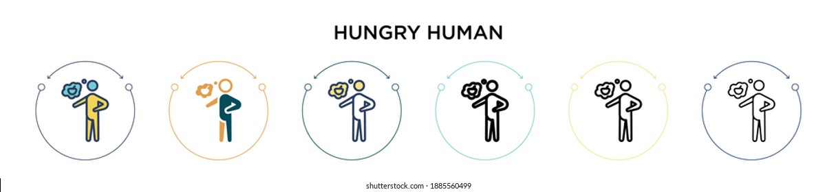 Un icono humano hambriento en un estilo relleno, delgado, contorno y trazo. Ilustración vectorial de dos diseños de vectores humanos hambrientos de color y negro se pueden utilizar para móviles, ui, web