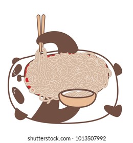 Hungry kawaii panda laying down and eating noodles using sticks. Vector illustration.
