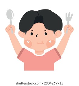 Hungry kid holding fork and spoon 