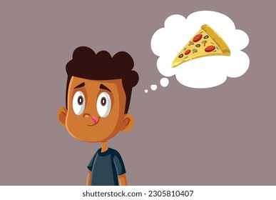 
Hungry Kid Thinking about Pizza Snack Vector Cartoon Illustration. Greedy gourmand kid thinking to have one more slice 
