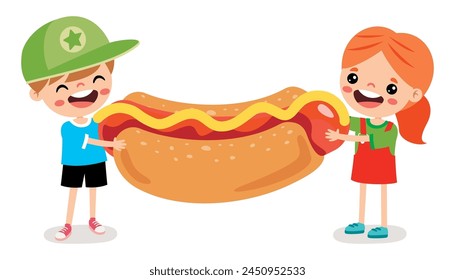 Hungry Kids Holding Hot Dog