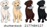 Hungry labrador, cane corso, doggo argentino, sitting, holding a bowl in his teeth drawing vector illustration, dark, black, creamy, white, chocolate, dog, puppy, 