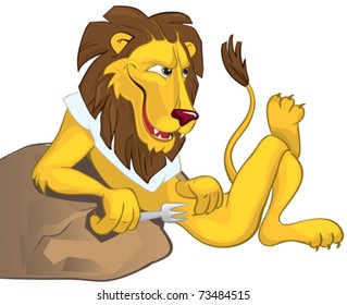 Hungry lion leaning on a stone