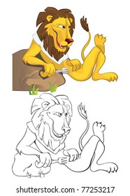 Hungry lion leaning on a stone. Color and outline illustration