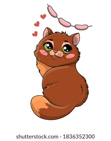 Hungry little cartoon kitten dreaming of its favorite food, a long string of sausages, looking up with longing isolated on white, colored cartoon vector illustration